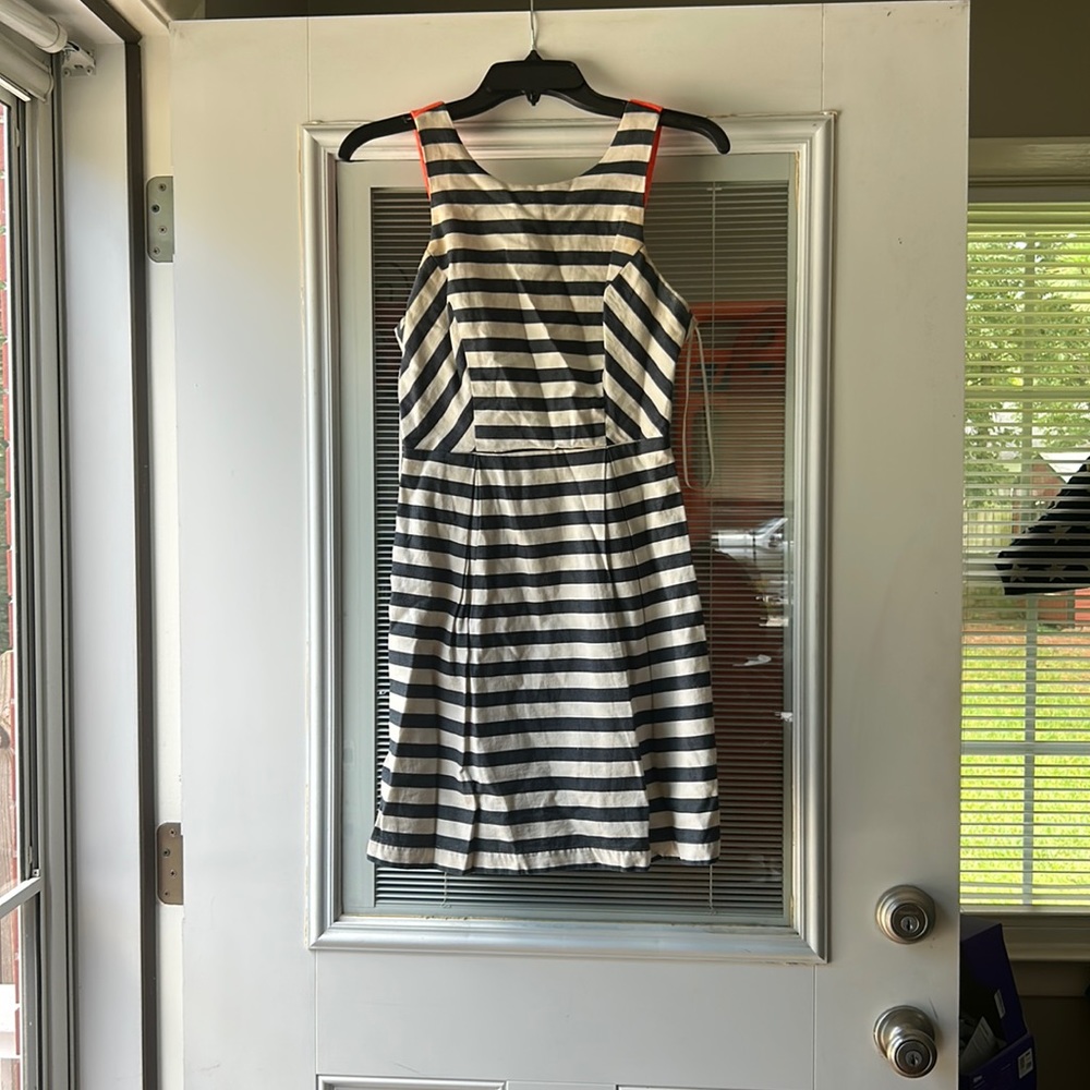 Navy and white coastal print, sundress with neon straps and snap clasp back